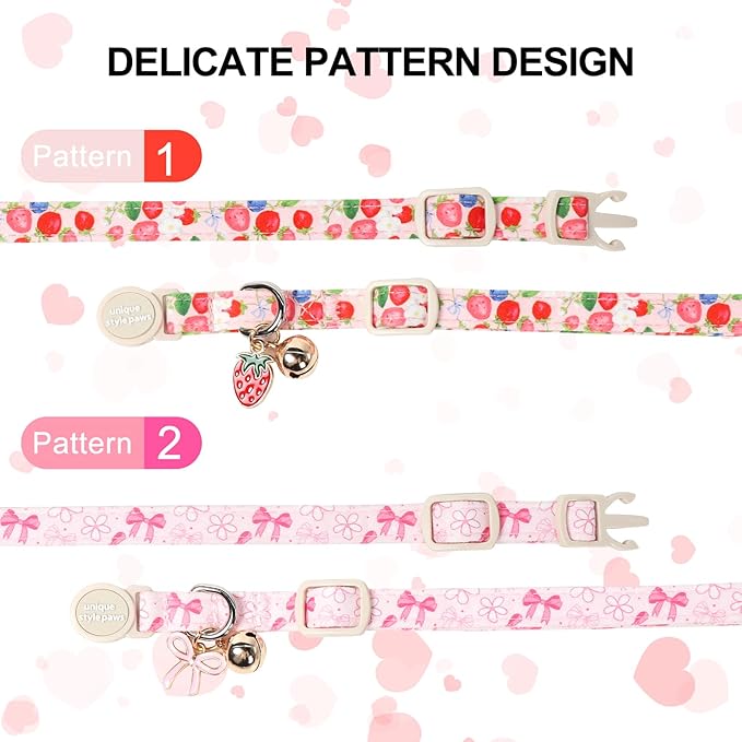 Unique Style Paws Pink Flower Kitten Collars,Cute Pink Bow Cats Collar with Bell,Kitten Collar Breakaway Buckle with Heart Pattern,Adjustable Flower Cat Collars,Ideal Gift for Boy Girl Cats