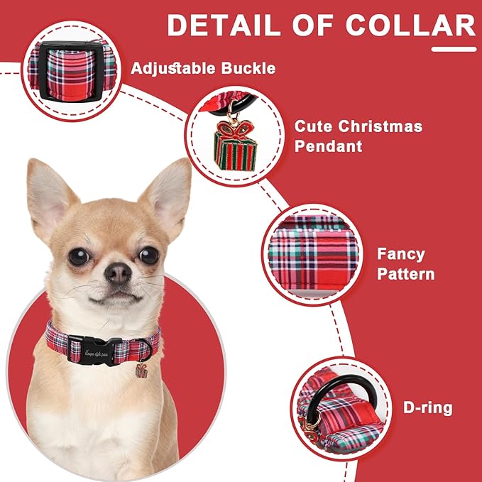 Christmas Dog Collar, Unique Style Paws Red Green Grids Dog Collar for Christmas Comfortable Red Pet Collar with Lightweight Plastic Buckle for Holiday, Fancy Dog Gift