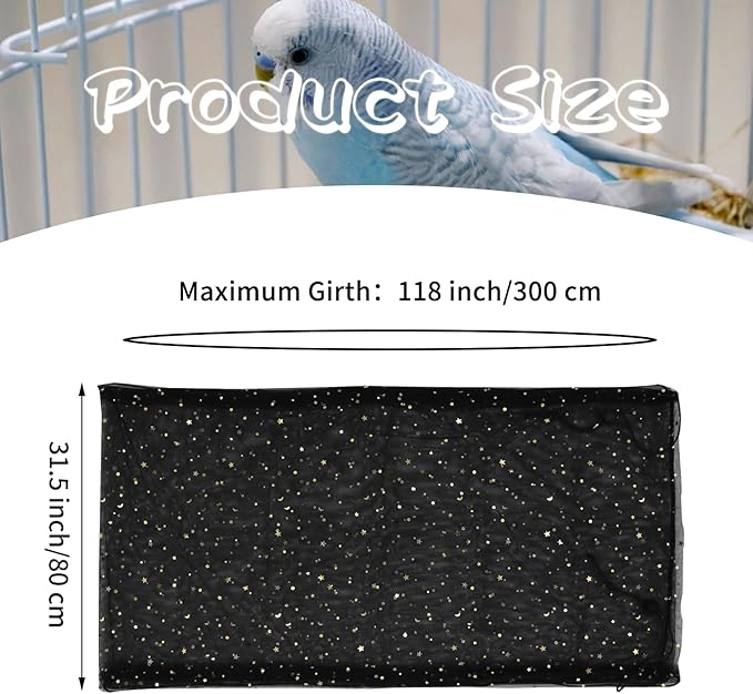 Daoeny Bird Cage Seed Catcher, Large Bird Cage Cover, Adjustable Soft Airy Nylon Mesh Net, Birdcage Cover Skirt Seed Guard for Parrot Parakeet Macaw African Round Square Cages (Black, Sequins Star)