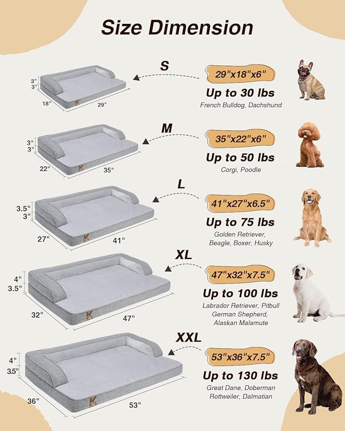 KSIIA Washable Dog Bed Medium Size Senior Dog, Orthopedic Warm Soft Pet Sofa Waterproof Pet Couch with Sides, Non-Slip and Egg-Crate Foam Beds with Removable Cover, 29x18Inch, Grey
