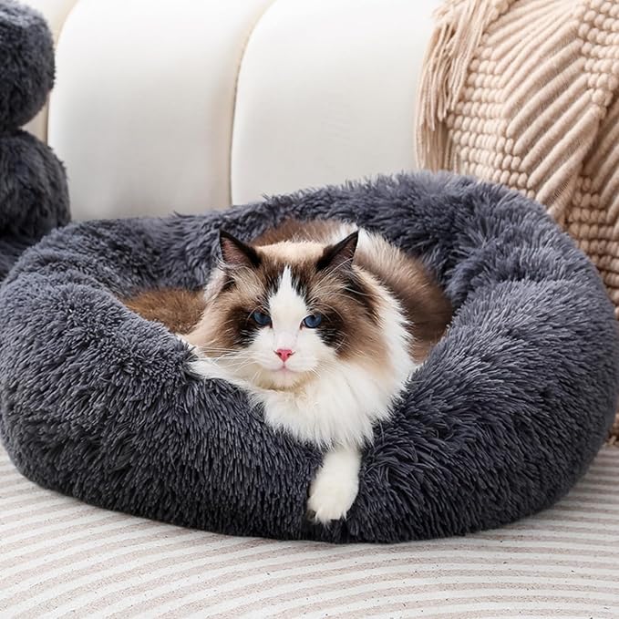 Super Soft Donut Cat Bed and Dog Bed Round Plush Pet Cushion Fluffy Rabbit Cave Warm Cozy Anti Anxiety Beds Dog Pillow for Up to 5KG