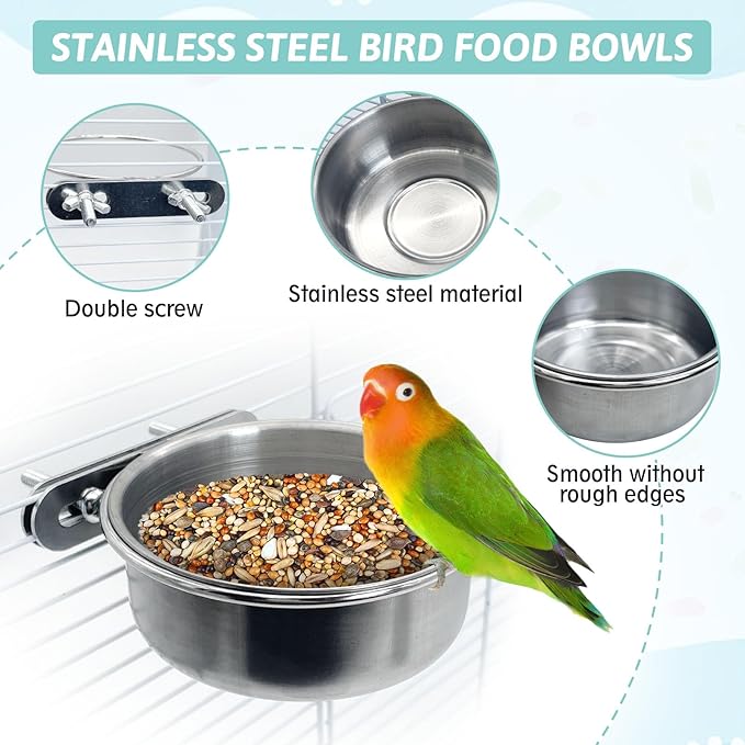 PINVNBY Stainless Steel Bird Bowl Parrot Food Water Bowls with Clamp Holder Bird Feeder Dish Cups Crate Bowls for Cockatiel Pigeons Conure Budgies African Greys (2PCS Screw Size: S)