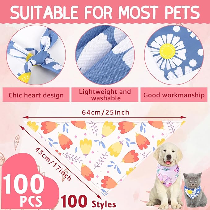 100 Pcs Spring Floral Dog Bandanas Bulk Pet Bibs Colorful Triangle Scarf Floral Pet Bandanas for Medium Large Dogs Spring Summer Birthday Costume Decoration