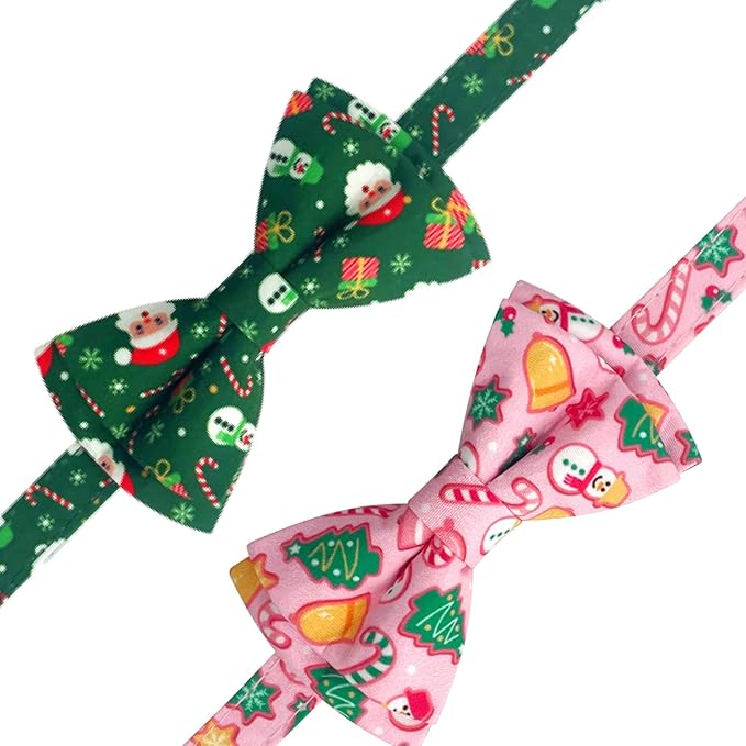 2 Pack Cotton Cat Collar with Bow Tie and Bell for Girl Boy Cats,Cute Pink Flamingo and Blue Whale Pattern Spring Summer Breakaway Cat Collar for Male Female Cats (Santa Claus & Snowman)