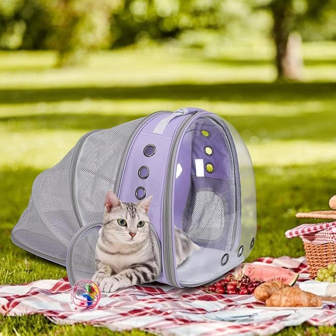 Cat Backpack Carrier Back Expandable Bubble Pet Carrier Backpack for Large Cat, Kitten and Dog, Designed for Hiking, Travelling and Outdoor Use (Back Expandable-Purple)