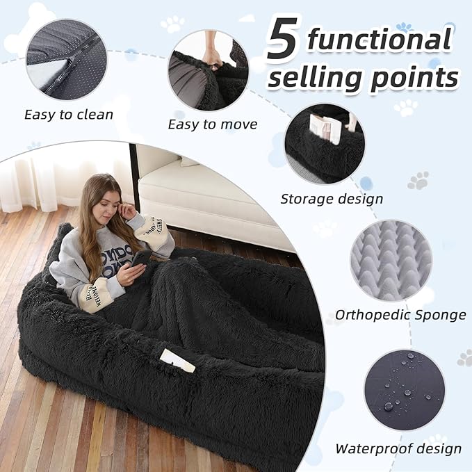 Human Dog Bed, 71''x45''x12'' Size Fits You and Pets, Washable Faux Fur Pet Bed for People Doze Off, Napping Orthopedic Dog Bed, Present Plump Pillow, Blanket, Strap - Black