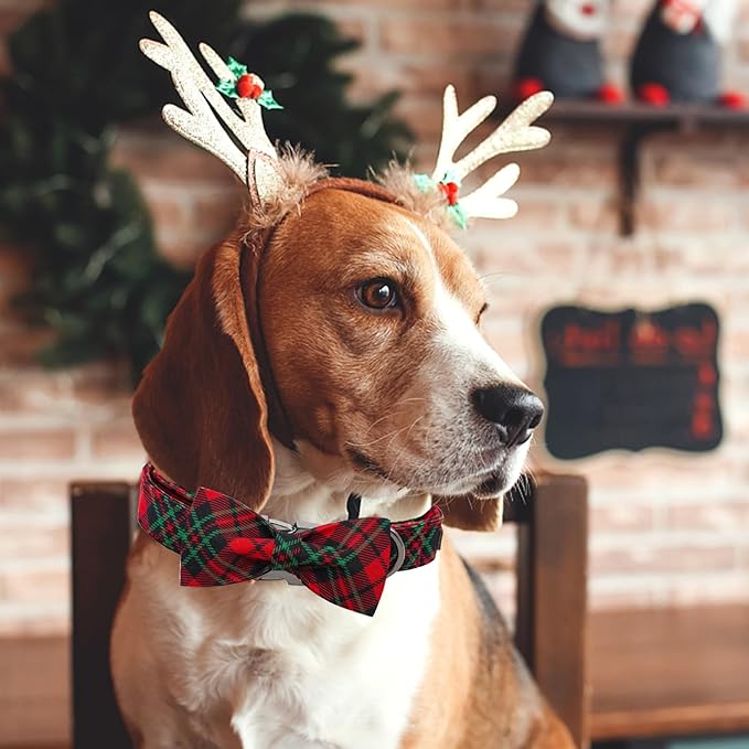 Dog Collar, Christmas Plaid Pet Collar Bow Holiday Bows Girl Boy Bow Dog Collars Puppy Adjustable Pet Collar for Small Dogs