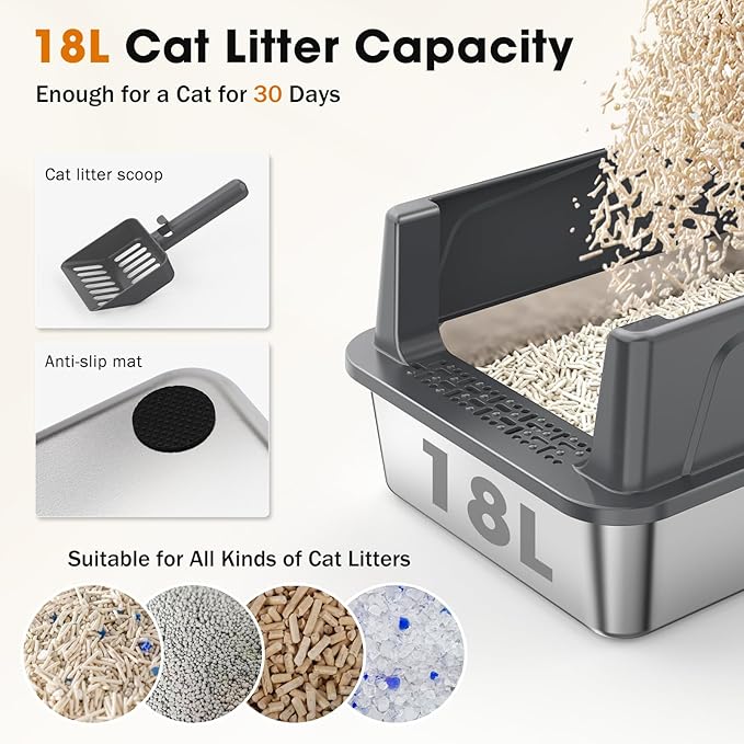 2PACK Stainless Steel Cat Litter Box with Lid, High-Sided Metal Litter Pan for Small Cats, Kitty Litter Box, Non-Stick & Odor-Resistant, Anti-Urine Leakage, Easy to Clean, Scoop Included