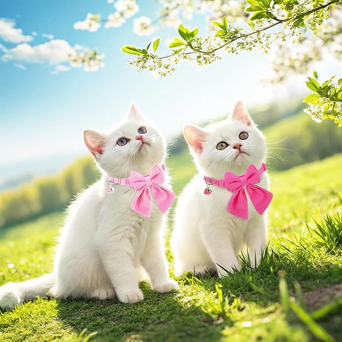 Cat Collar Breakaway with Bells, Soft Pure Cotton Pink Cat Bowtie Collar for Girl Cats, Small Cats Collar with Bow for Spring Summer, 2 Pack Cute Kitten Collars with Removable Bowtie 8-12Inch
