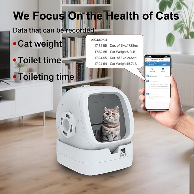 Automatic Cat Litter Box Self Cleaning - APP Control - Weight Monitoring - Ultra-Quiet, Medium Cats and Kittens Litter Box, Safe Anti-Pinch【Assembly Required】- White
