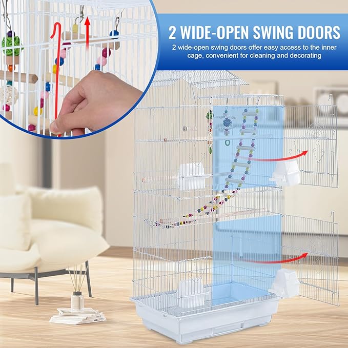 FDW 39 Inch Bird Cage Parakeet Cage with Play Top Rolling Stand & Easy Clean Pull-Out Tray Roof Top Parrot Cage for for Finches Canaries Parakeets Cockatiels & Other Small Birds, White