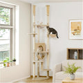PETEPELA Floor to Ceiling Cat Tree, 92.9''-101.6''Height Adjustable Cat Tower Tall Cat Climbing Play House, Cozy Condo, Scratching Post and Spacious Hammock for Indoor Cats Large Adult, Beige