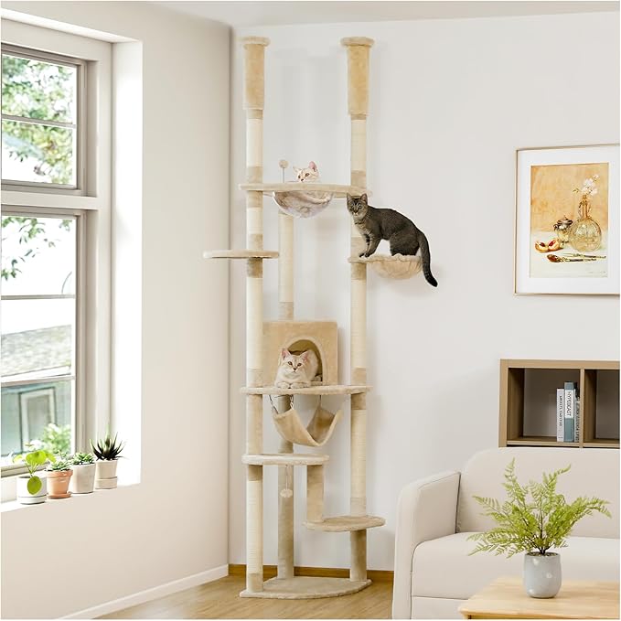 PETEPELA Floor to Ceiling Cat Tree, 92.9''-101.6''Height Adjustable Cat Tower Tall Cat Climbing Play House, Cozy Condo, Scratching Post and Spacious Hammock for Indoor Cats Large Adult, Beige