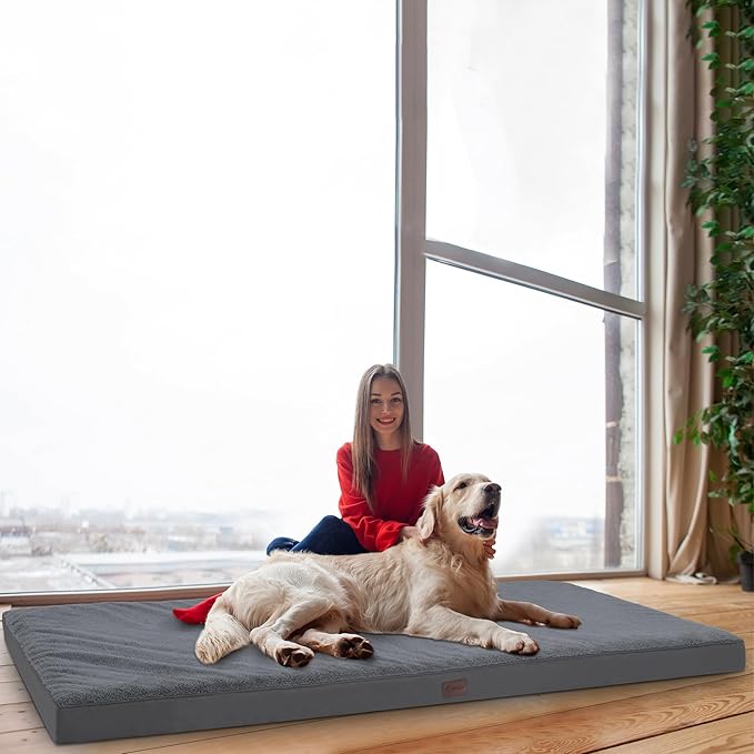 MIHIKK Waterproof Human Dog Bed Orthopedic Dog Beds for Crate with Removable Washable Cover Egg-Crate Foam Pet Pad Mat with Anti-Slip Bottom, 75x38 Inch, Grey