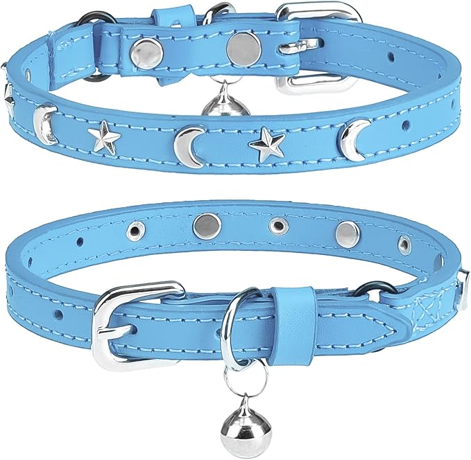 Leather Cat Collars for Boy Girl Cats with Bell and Safety Elastic Belt, Personalized Star and Moon Stud Adjustable Safe Buckle Collar for Kitty Small Big Cats Size 7-9 Inch, Light Blue