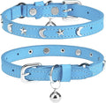 Leather Cat Collars for Boy Girl Cats with Bell and Safety Elastic Belt, Personalized Star and Moon Stud Adjustable Safe Buckle Collar for Kitty Small Big Cats Size 8-12 Inch, Light Blue