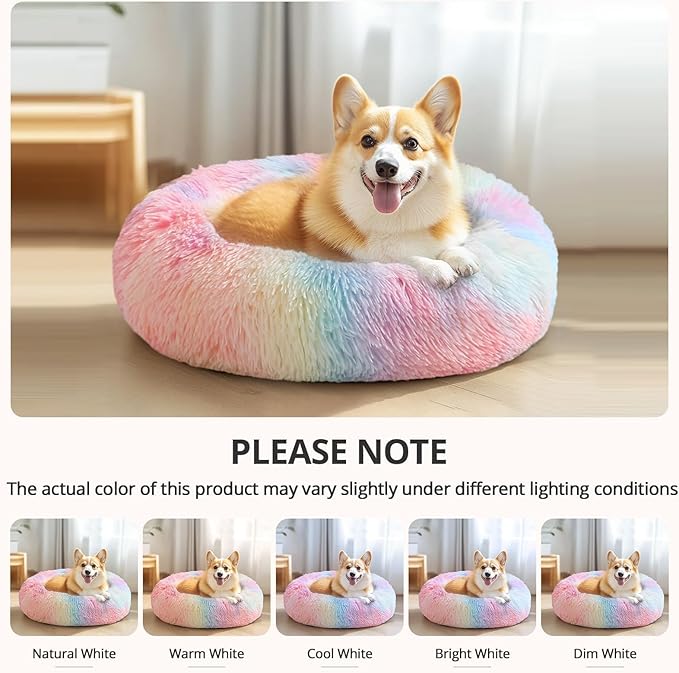 JOLLYVOGUE Calming Dog Bed Large Size Dog, Anti-Anxiety Donut Large Pet Bed, 36 inches Fluffy Faux Fur Round Cat Bed, Fits up to 75 lbs Pets (Rainbow)