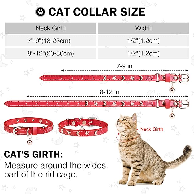 Leather Cat Collars for Boy Girl Cats with Bell and Safety Elastic Belt, Personalized Star and Moon Stud Adjustable Safe Buckle Collar for Kitty Small Big Cats Size 7-9 Inch, Red