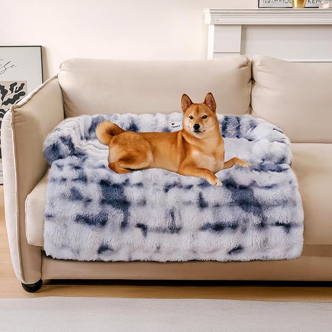 FUNNY FUZZY Pet Fluffy Fuzzy Couch Cover, Calming Washable Dog Bed Sofa Protector Pets Mat for Small Medium Dogs and Cats (Tie-dye Blue, 31.5"×25.5"×4.7")