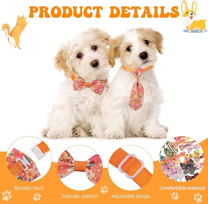Reginary 100 Pieces Dog Bow Tie Collar Set Include 40 Dog Neckties, and 30 Puppy Bowties, 30 Collar Flowers, Adjustable Pet Ties Grooming for Small Medium Cats Pets Supply(Flower)