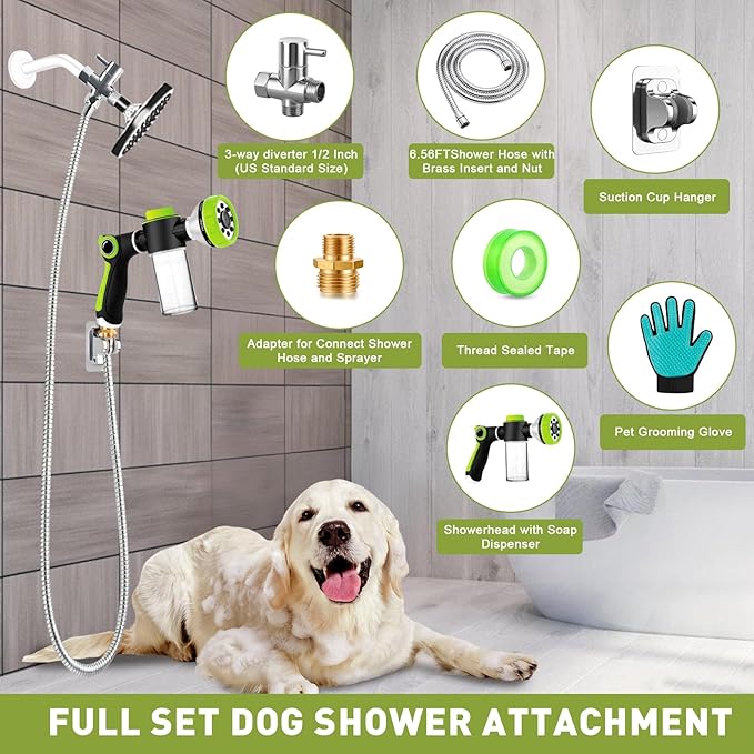Dog Washing Hose Attachment - Dog Shower Attachment with 3-Way Diverter and 6.56FT Shower Hose, 8-in-1 Water Nozzle Soap Sprayer for Pet Bathing and Garden Nozzle, Pet Grooming Glove