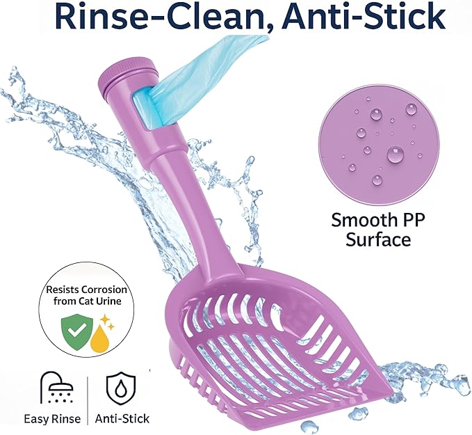 2-in-1 Pooper Scooper with Bag Attachment, Cat Litter Shovel Scoop with Bag, Built-in Dispenser, Includes Trash Roll, Rinse-Clean, Anti-Stick, Smart Sifter, Long Handle (Lilac)