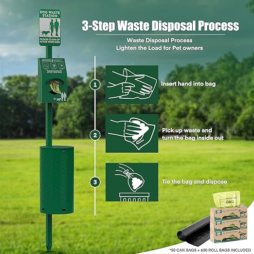 Dog Waste Station Outdoor, Pet Waste Disposal Station Rustproof Aluminum with 10 Gallon Trash Can, 600 Dog Poop Bags & 50 Liners for Parks, Trails, HOA Communities, Backyards