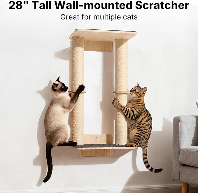 Veehoo Cat Wall Shelves, 28.3" Cat Wall Climber with Dual Sisal Scratching Posts and Carpeted Perch, Cats Wall Scratcher Furniture for Climb, Play and Rest