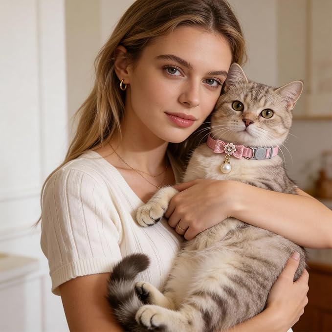 2 Pack Pink Cotton Cat Collars for Girl Cats, Cute Pearl Bow Kitten Collar Breakaway Safety Buckle Cats Pet Collars Adjustable from 7.9 to 11.8 Inches