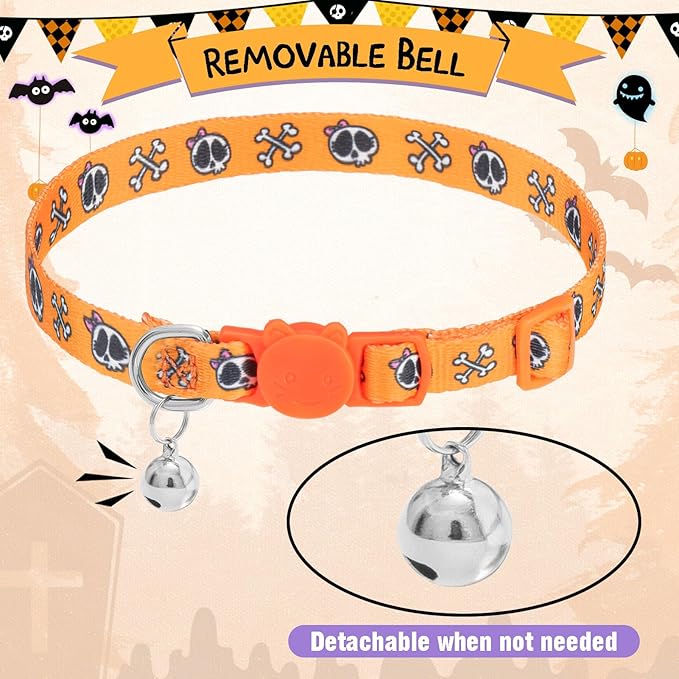 PUPTECK Breakaway Halloween Cat Collar with Bell Charm, 2 Packs Adjustable Kitty Collars Purple & Orange Skull Pattern, Orange Purple, 7.8-11.8 in