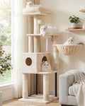Heybly Cat Tree, 49.2 Inches Cat Tower for Indoor Cats, Spacious Cat House Condo with Hidden Space，Sturdy Steel Tube，Soft Plush Top Perch，Cozy Hammock and Sisal Scratching Posts, Beige HCT200SM