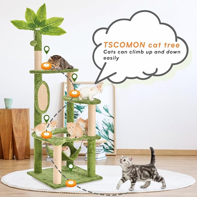 Cat Tree for Indoor Cats, 55 Inch Cat Tower with Rotating Scratching Board, 4 Sisal Posts & Leaf Top Design, Modern Cat Furniture for Multiple Cats (No House), Green