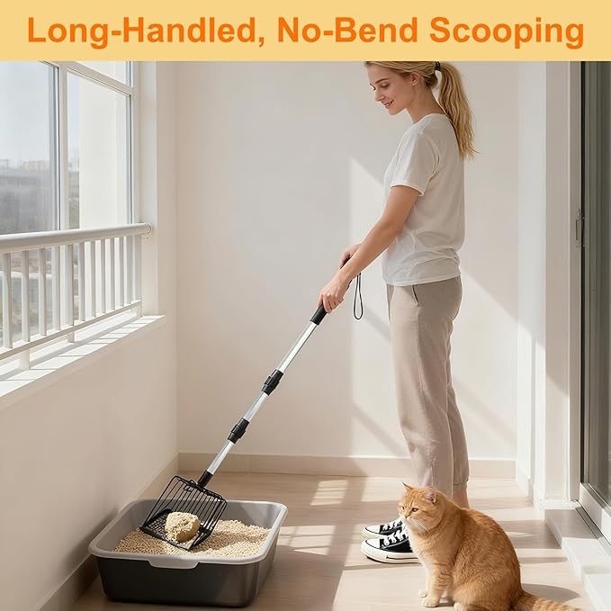 Cat Litter Scoop with Extendable Long Handle, 22.2"-42.5" No Bending Back Metal Kitty Litter Scoop, Large Non-Stick Wide Flat Head Heavy Duty Cat Pooper Scooper
