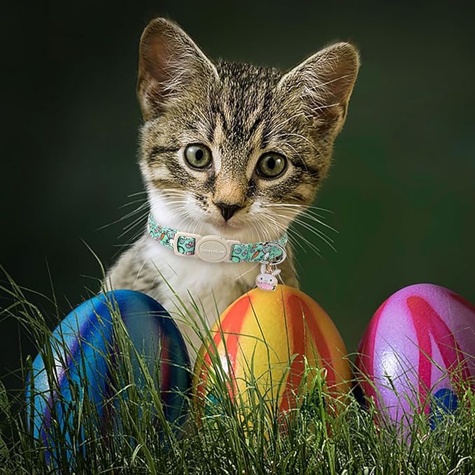 Lionet Paws 2pcs Pack Easter Cotton Cat Collar,Breakaway Buckle with Rabbit and Colorful Eggs Cute Adjustable Green Cat Kitten Collar,Ideal for Girl Cats Boy Cats