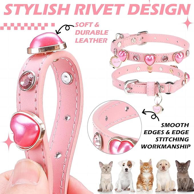 EXPAWLORER Valentine's Day Leather Cat Collar for Girl Boy- Adjustable Pet Collar with Safety Elastic Belt,Personalized Rhinestone Accessories Buckle Collars with Bell & Durable D-Ring,Heart (Pink)