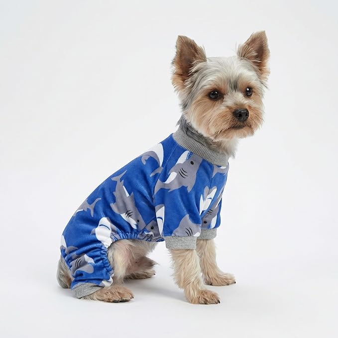 Fitwarm Shark Dog Pajamas, Dog Clothes for Small Dogs Girl Boy, Pet Onesie with Feet, Cat Outfit, Lightweight Velvet, Royal Blue, XXL