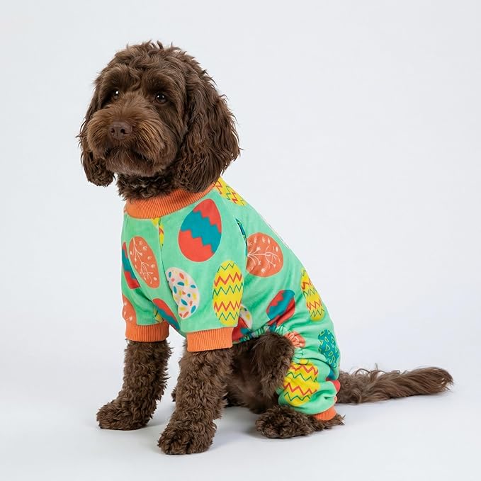 Fitwarm Easter Egg Dog Pajamas, Holiday Dog Clothes for Small Dogs Girl Boy, Pet Easter Outfit, Puppy Cat Onesie, Lightweight Velvet, Light Green, Orange, Medium