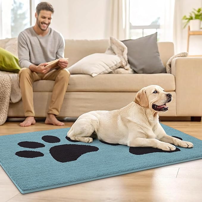 Buganda Dog Door Mat for Muddy Paws, Absorbent Dirt Trapper Washable Indoor Doormats, Non Slip Low-Profile Mud Mat for Dogs, Front Entrance Doormat for Inside Floor (30x20 Inches, Blue)
