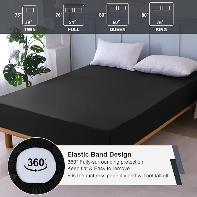 Waterproof Mattress Protector Full, Fitted Sheet Style Breathable Mattress Cover with Deep Pocket Fits Up to 18'', Machine Washable Noiseless Bed Cover for Kids Adults Pets (Black, 54'' X 76'')