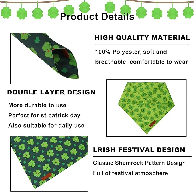 ADOGGYGO St Patrick Dog Bandana 2 Pack, Reversible Shamrock Pet Scarf Bib, Adjustable Fit Green St Patricks Day Bandanas for Small Dogs (Small)