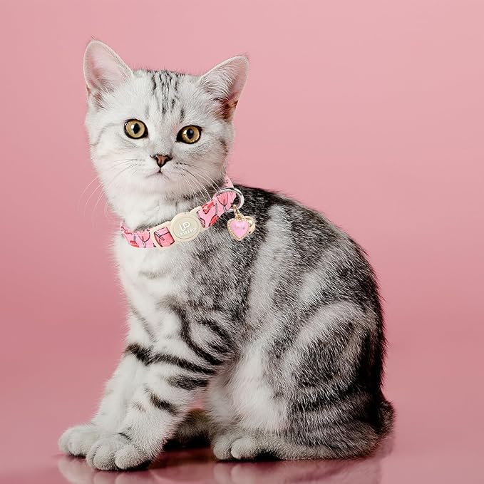 Cat Collar, 2Pack Valentine's Day Cat Collars-Cute Breakaway Cat Collar with Bell & Pendant, Sweet Heart Kitten Collars Pink Hearts with Safety Buckle for Girl and Boy Cats, 7-12Inch