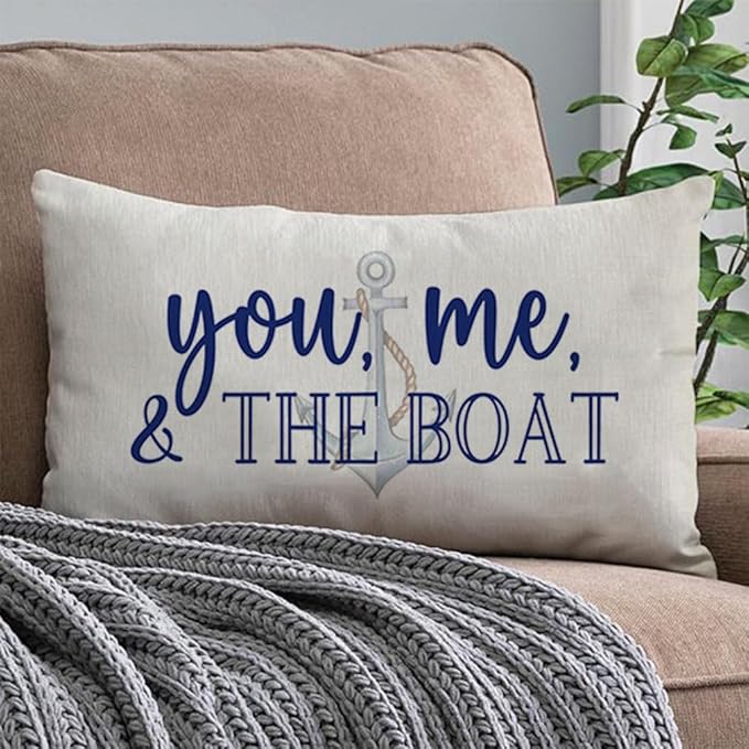 PANDICORN Lake Throw Pillow Cover 12x20 Inch Blue Words You Me and The Boat Ocean Sea Coastal Outdoor Spring Summer Decorations Lumbar Decorative Throw Pillow Case for Home Living Room Couch Decor