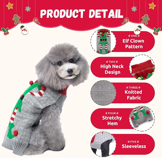 Dog Cat Ugly Christmas Sweater Boy Girl Xmas Pet Clothes Holiday Puppy Costume New Year Gifts for Small Medium Large Dogs Outfits (L, Grey Elf)