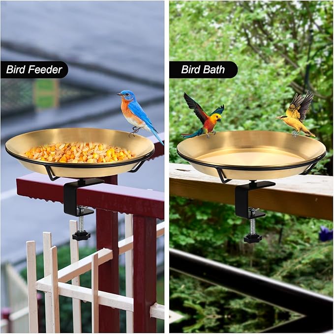 Deck Mounted Bird Bath Bird Feeder Bowl with 1.8 inch Thick Iron Clamp - Detachable Outdoor Decor for Garden Backyard Patio and Deck - Perfect for Attracting Birds