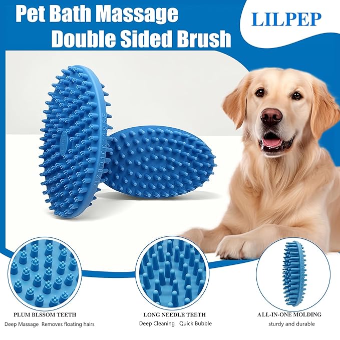 Lilpep Dog Brush - 2-in-1 Double Sided Bath & Massage Brush for Dogs, Pet Shampoo Scrubber, Gentle Hair Cleaning Tool, Soft Rubber Grooming Brush for Short/Long Haired Puppies