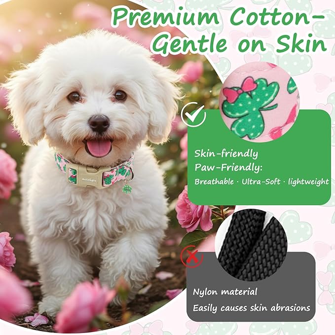 St. Patrick's Day Dog Collar,Pink Bow with Lucky Shamrock Puppy Collar,Adjustable Spring Cotton Collars Gifts for Small Medium Large Dogs,Dog Accessories L