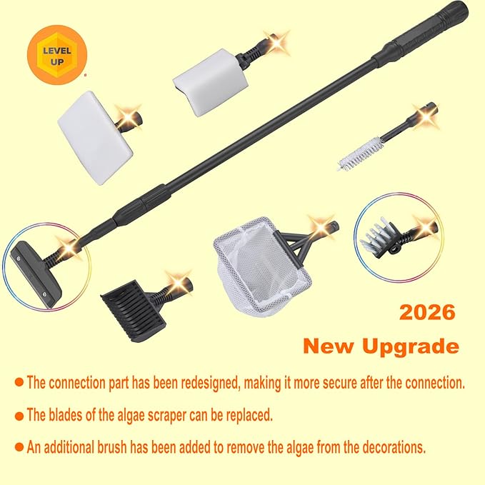 Carefree Fish 6IN1+1 (2026 New Upgrade Edition) Aquarium Cleaning Tools Long Handle Adjustable Length 20~36Inches Fish Tank Cleaner Kit Algae Scraper Scrubber Brushes Set