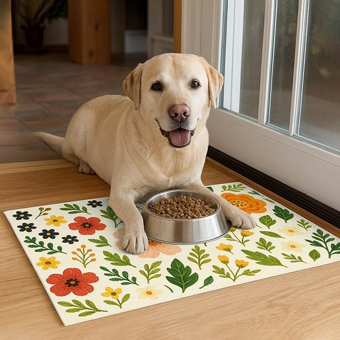 Trendy Flower Pattern Pet Feeding Mat Spill-Proof Feood Pad for Food and Water Bowls Non-Slip Placemat for Pet Areas Easy Clean Fast Dry Mat for Cats Kittens & Small Dogs 20" x 12"