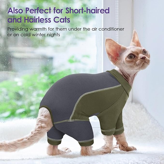 SUNFURA Hair Sticky Cat Clothes, Cat Sweater for Cats Only, 4-Legged Fleece Sweaters Kitten Pajamas Reduce Shedding Fur, Warm Pullover Shirts for Cats, Army Green L