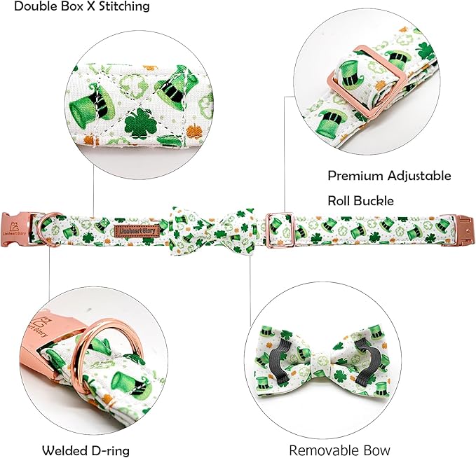 Lionheart glory Dog Bow Collar St. Patrick's Day Dog Collar for Large Dogs, Adjustable Green Collars Lucky Clover Shamrock Dog Collar with Bowtie Pet Collar Bows